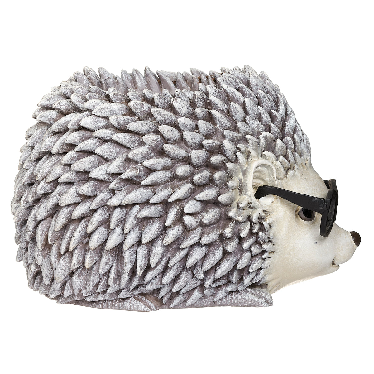 Opposite side view of Pudgy Pals Hedgehog with Glasses Planter showing the black glasses, cream face, and textured quills