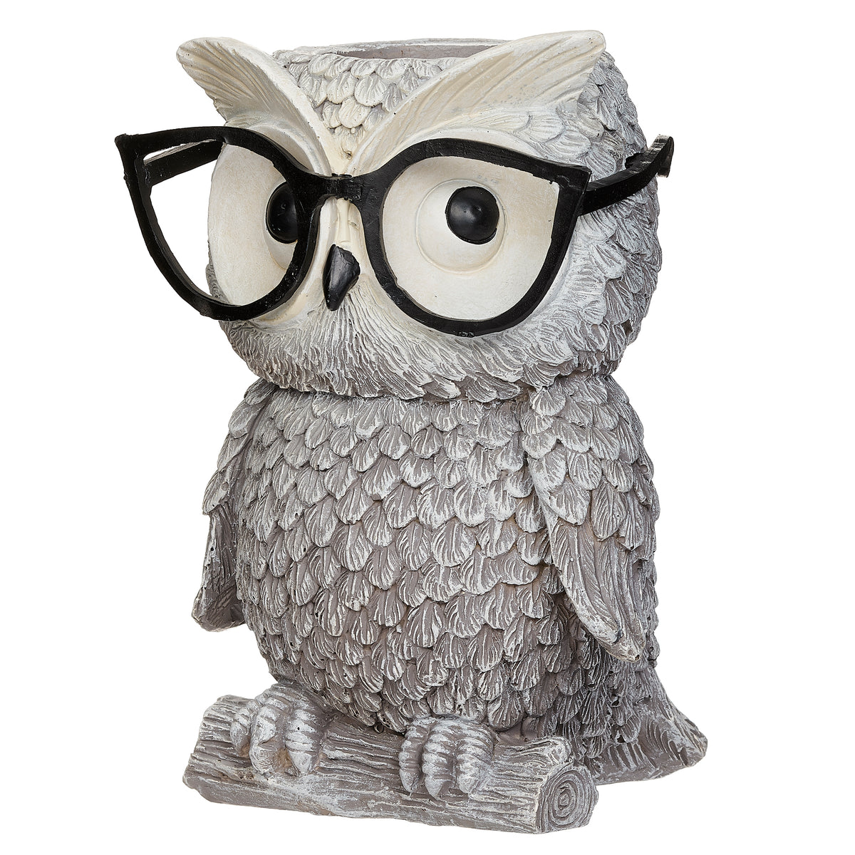 Front view of Pudgy Pals Owl with Glasses Planter showing the oversized glasses, layered feather details, and open planter cavity
