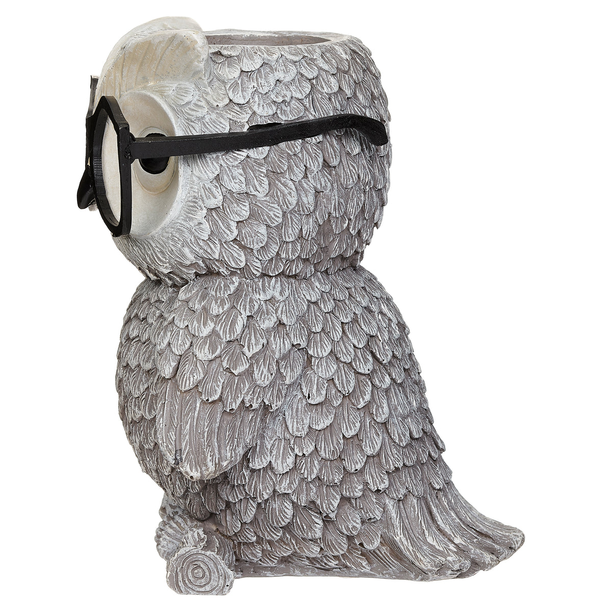 Side view of Pudgy Pals Owl with Glasses Planter showing the owl profile, black glasses, textured feathers, and planter opening