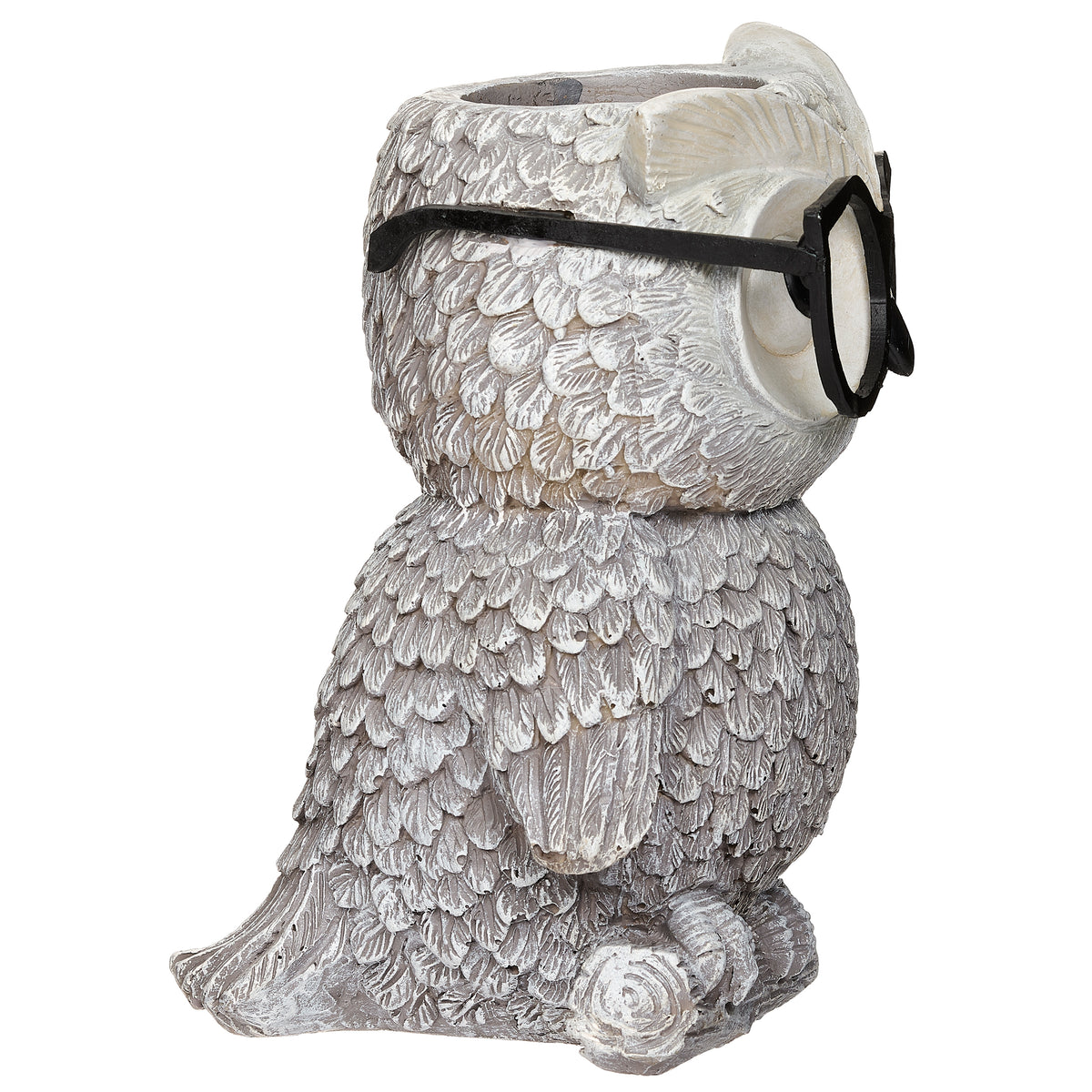 Opposite side view of Pudgy Pals Owl with Glasses Planter showing the sculpted owl body, glasses, and planter opening