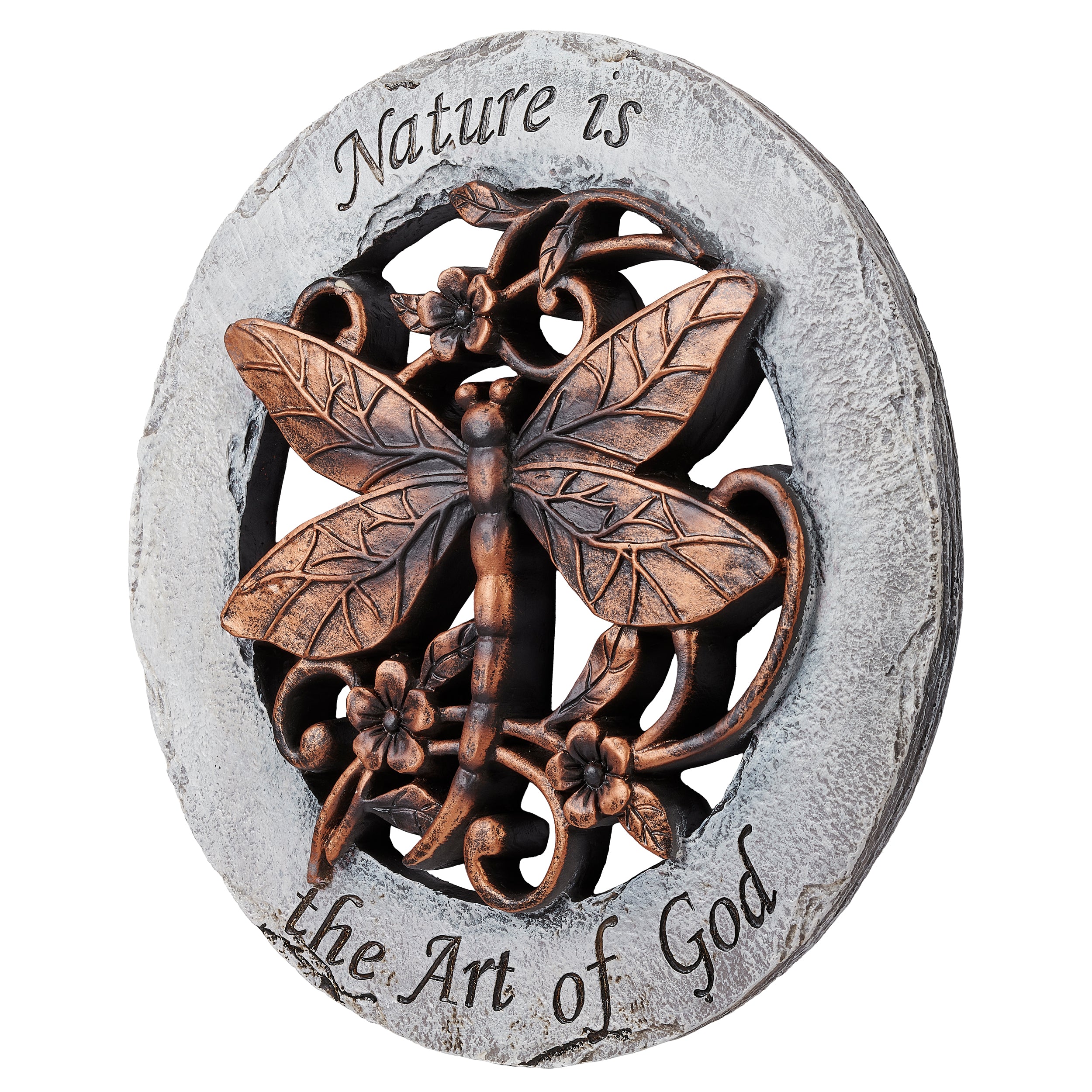 Decorative stone with bronze dragonfly and floral design, featuring the quote 'Nature is the Art of God'.