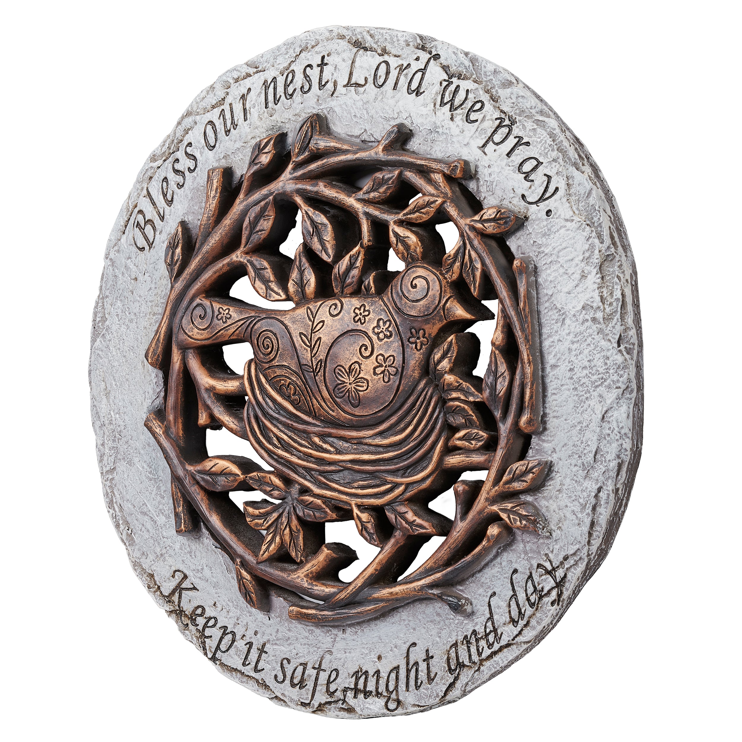 Decorative stone with a bird and leaf design, featuring text on a white background