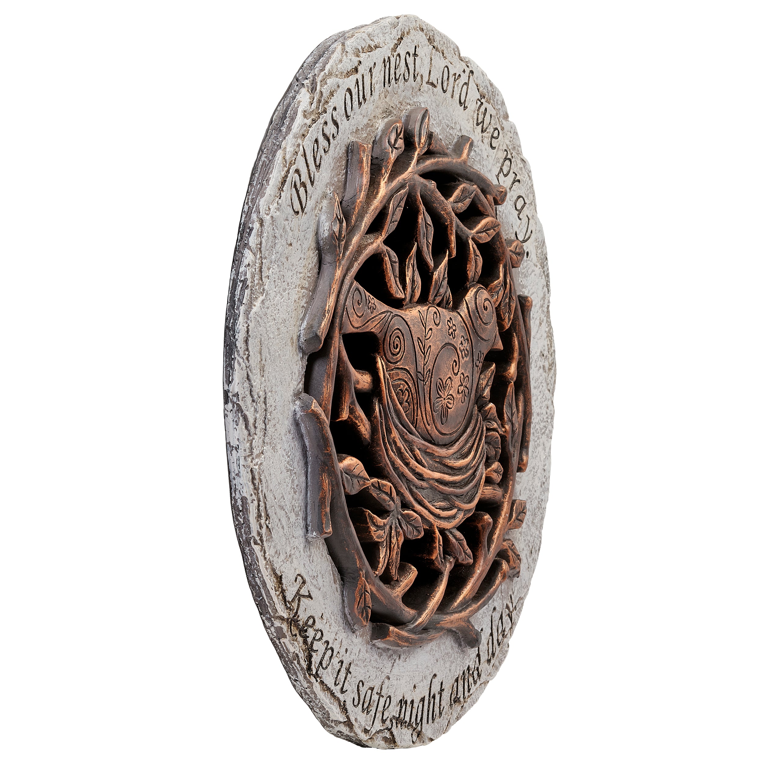 Decorative stone with owl design and text on a white background