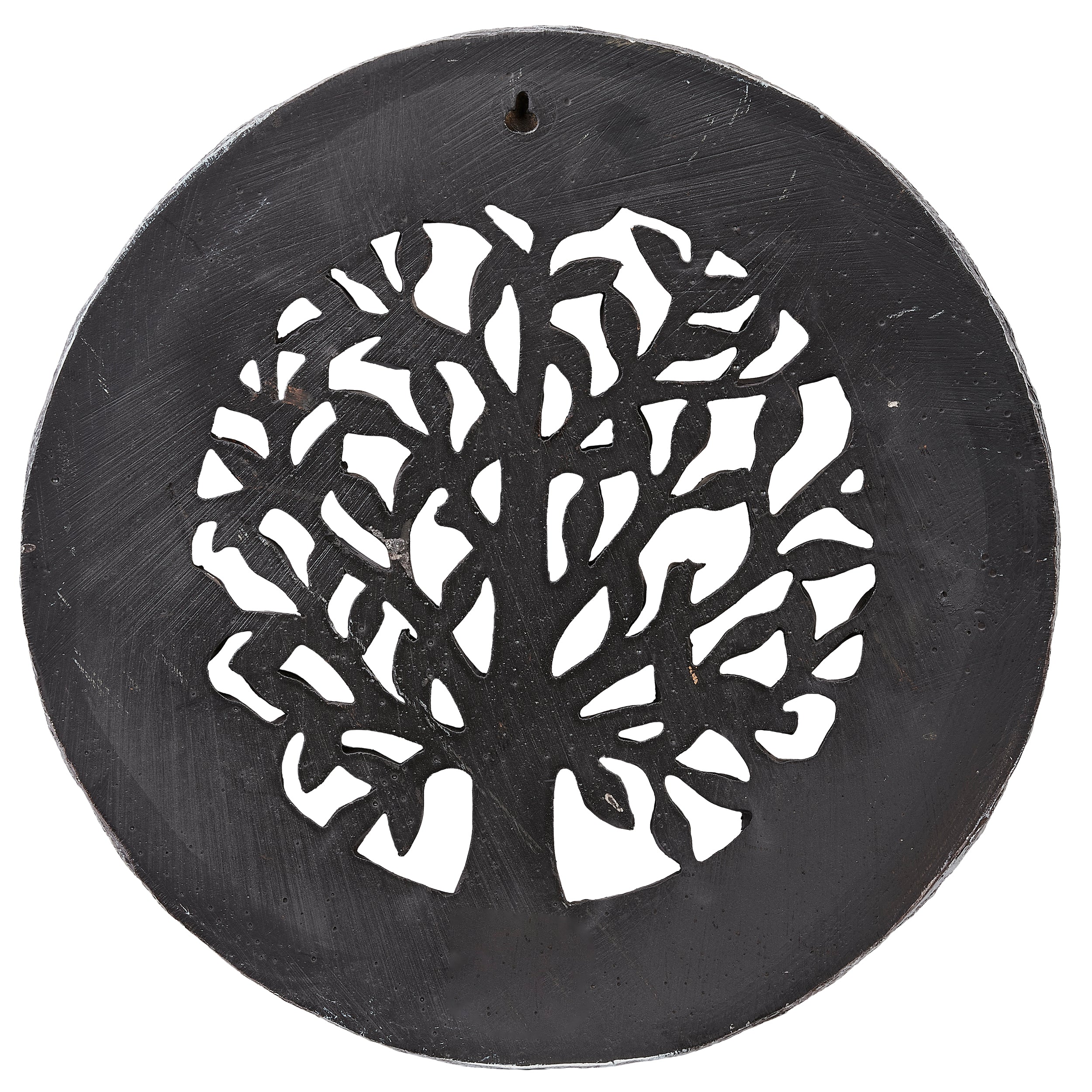 Decorative metal tree design on a round black background