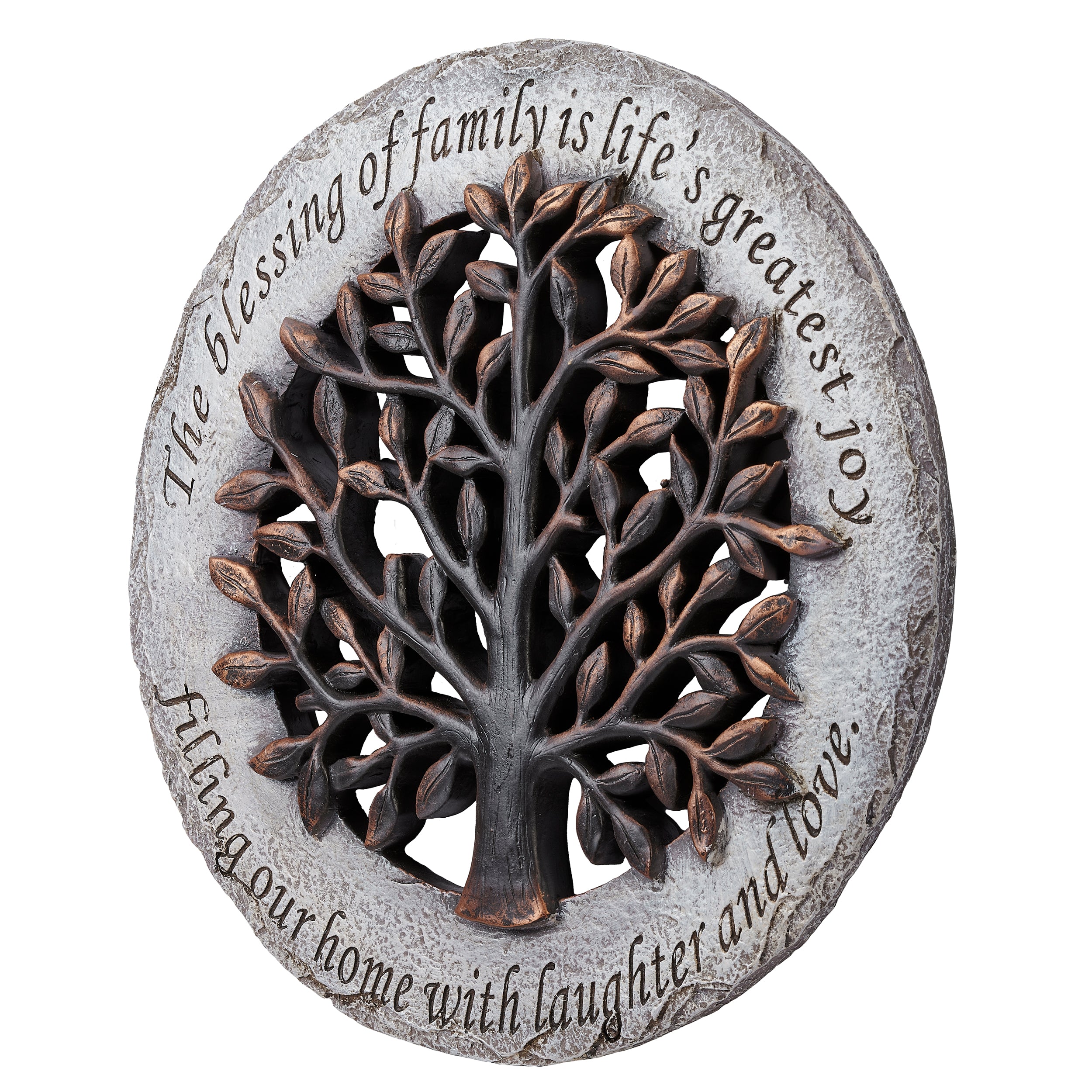 Decorative plaque with a tree design and engraved text on a white background