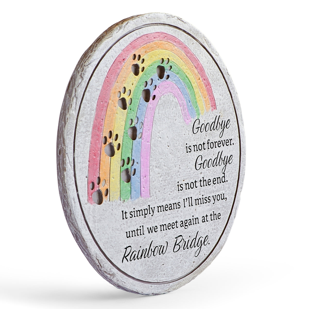 Angled view of Rainbow Bridge Pet Memorial Garden Stone showing memorial verse and stone texture