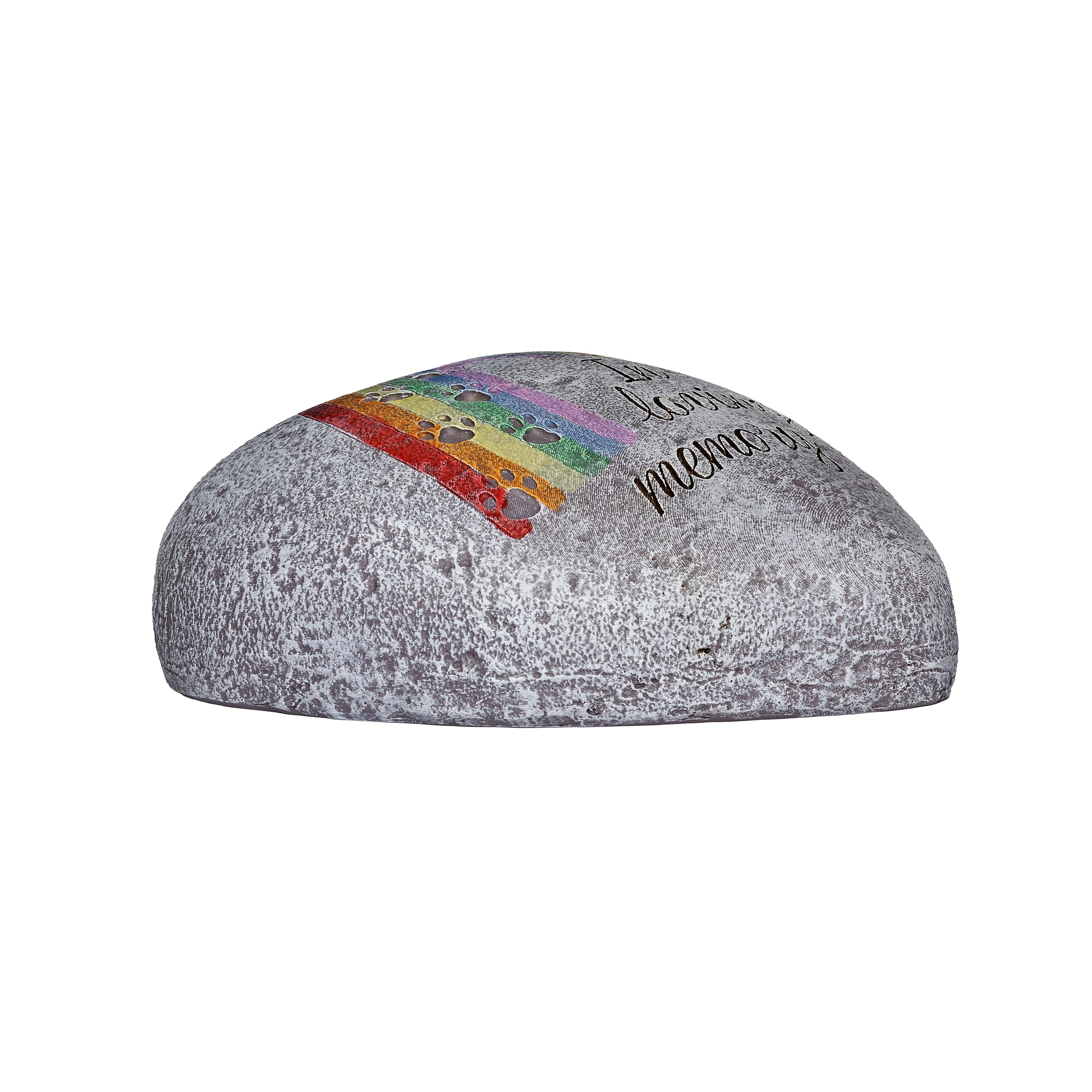 Heart shaped garden stone with rainbow and paw prints with "in loving memory" script