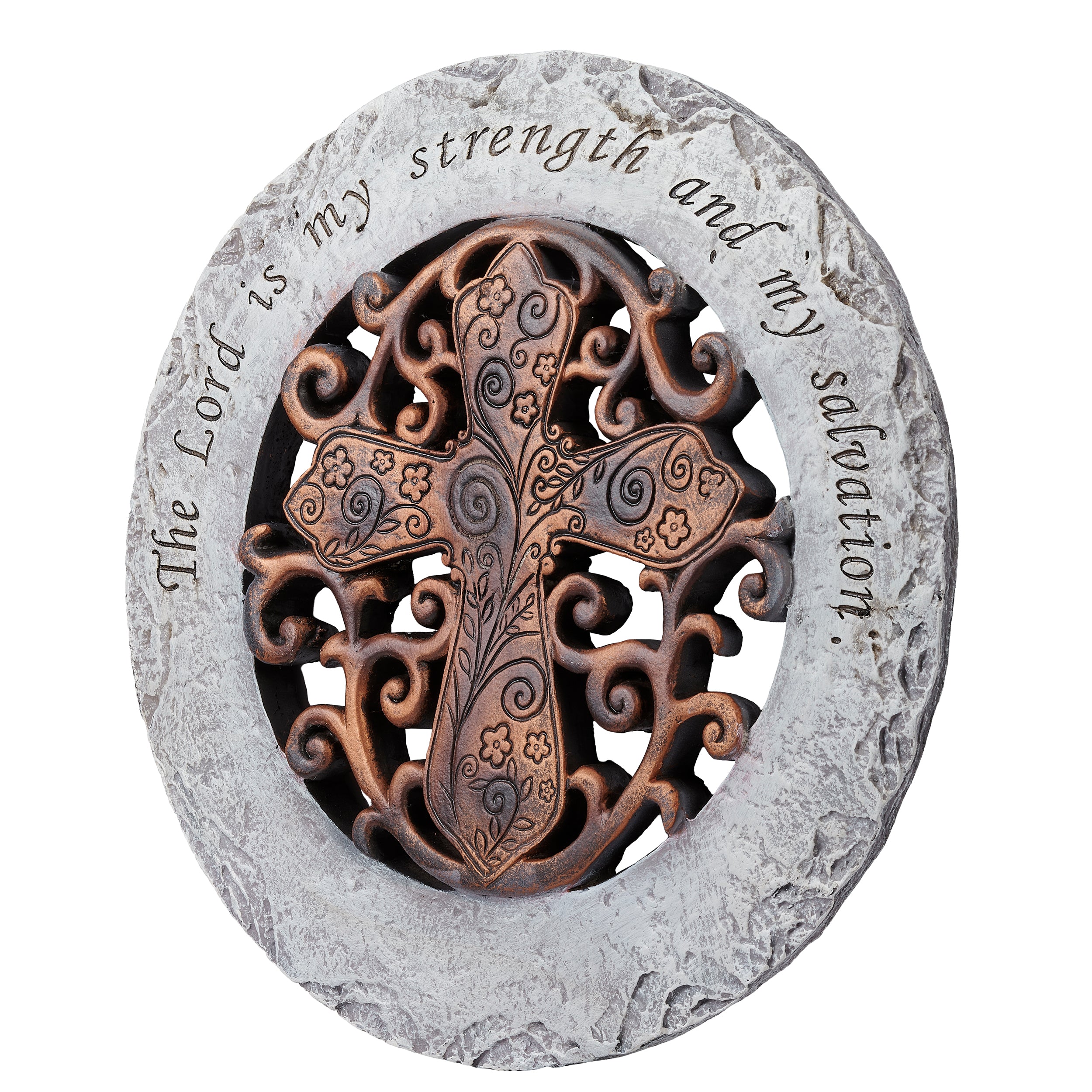 Decorative stone with Celtic cross design and engraved text on a white background