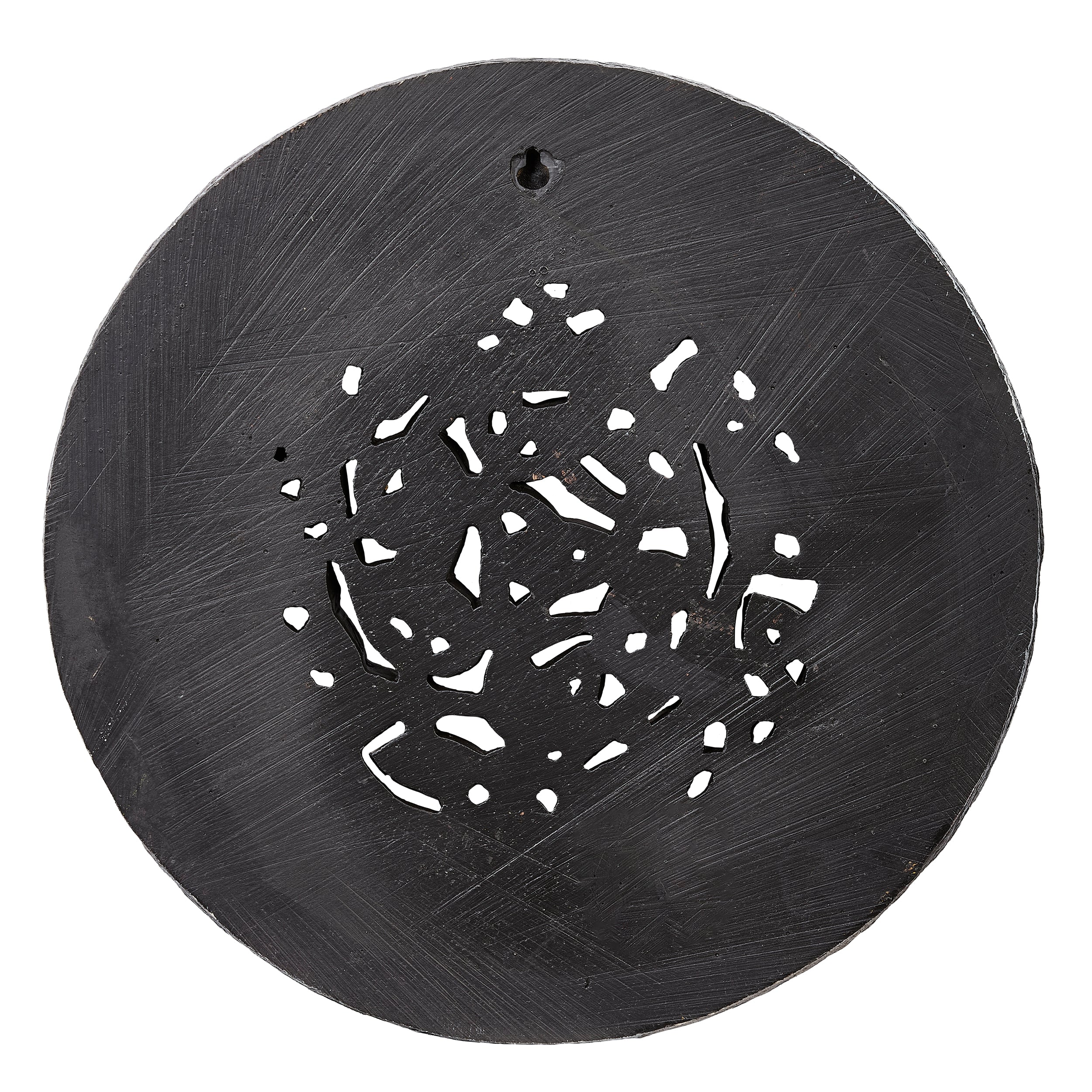 Black metal decorative plate with cut-out design on a white background