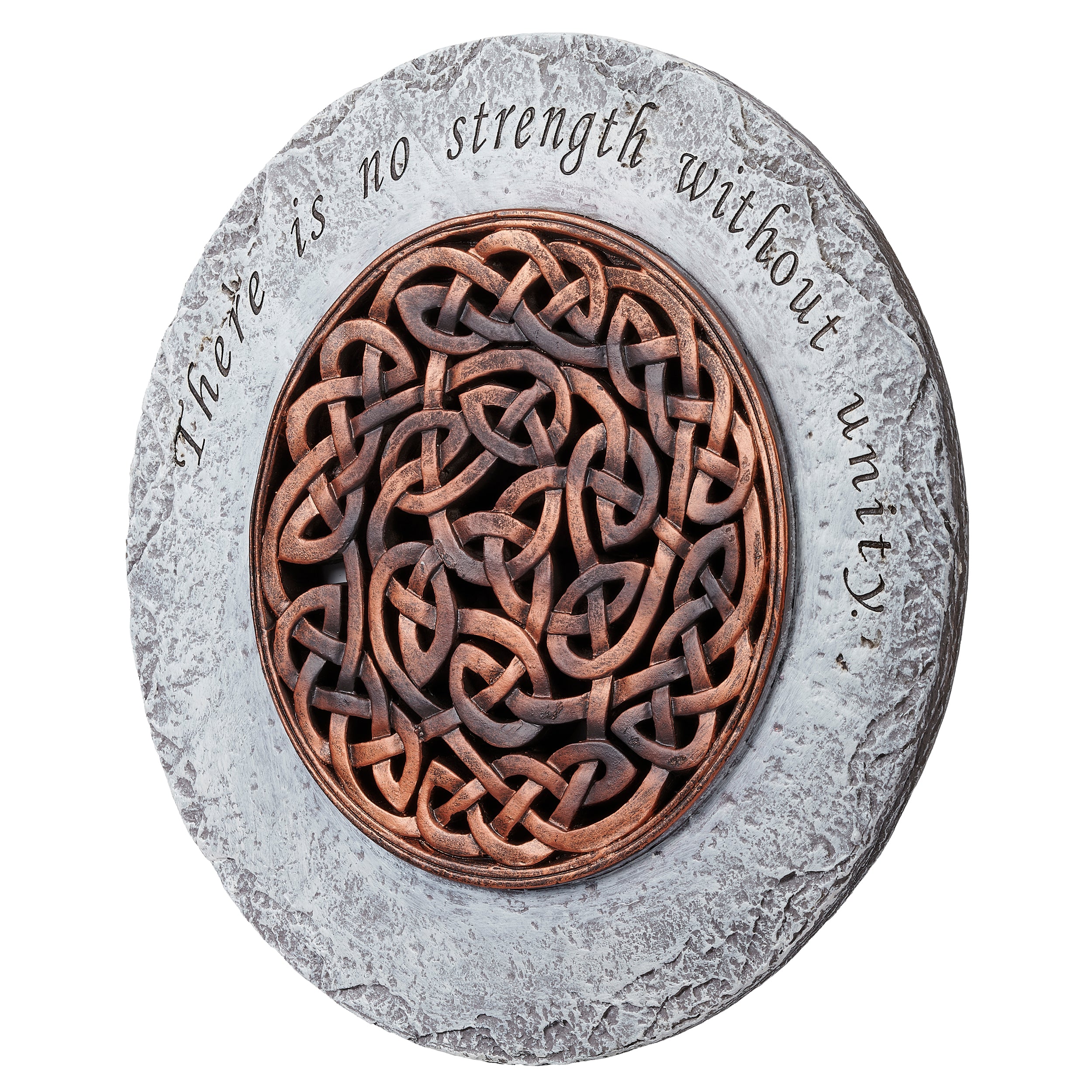 Decorative stone with Celtic knot design and engraved text on a white background
