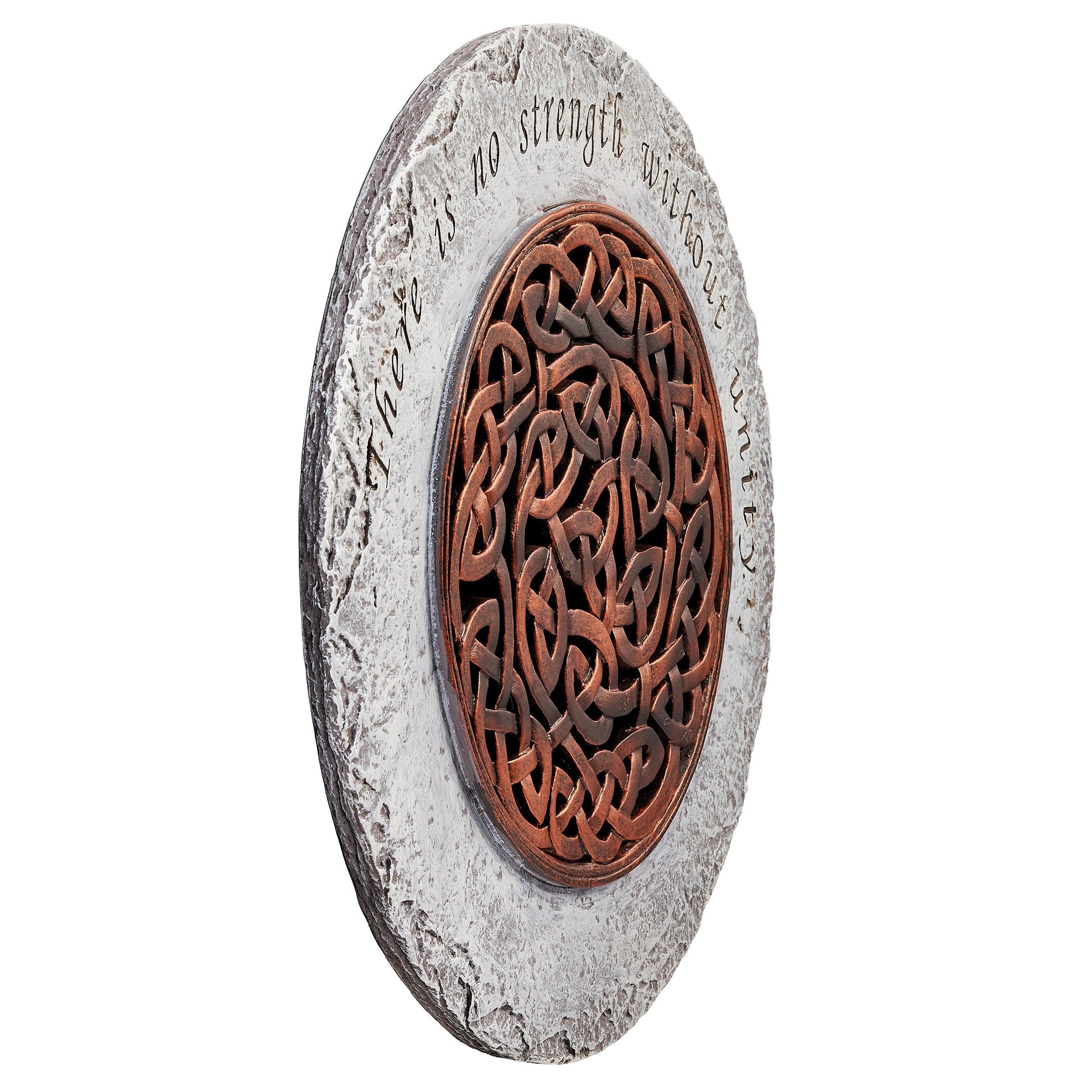 Decorative stone with Celtic knot design and engraved text on a white background