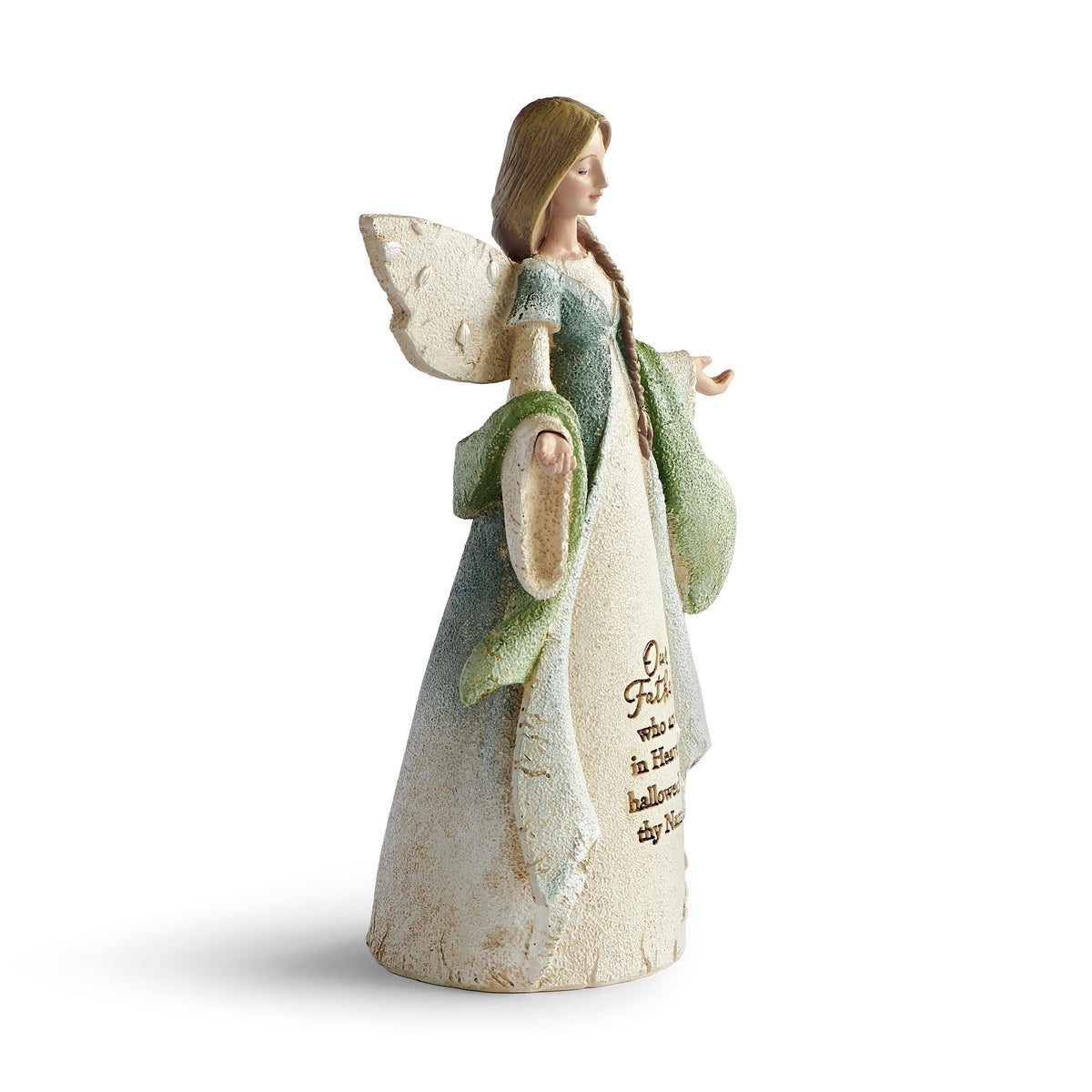 Angled view of Karen Hahn Lord's Prayer Angel showing sculpted wings and layered gown