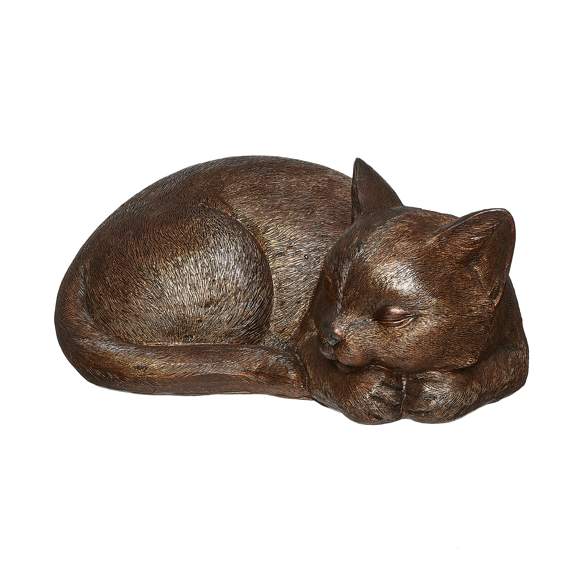 Front angled view of Sleeping Cat Garden Statue showing the curled body, pointed ears, and resting face