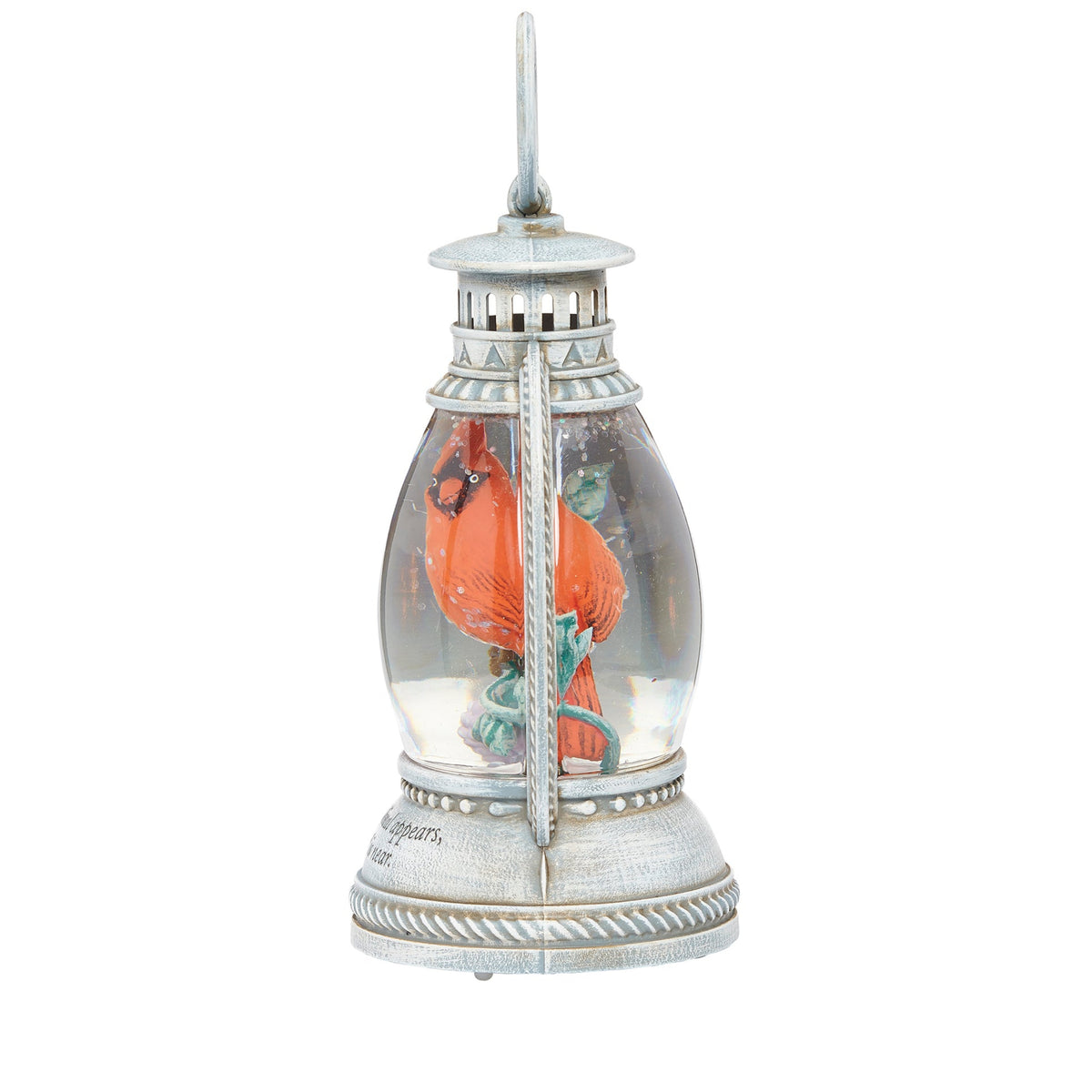 Side view of Lighted Cardinal Memorial Shimmer Lantern showing the cardinal scene and silver-tone lantern design