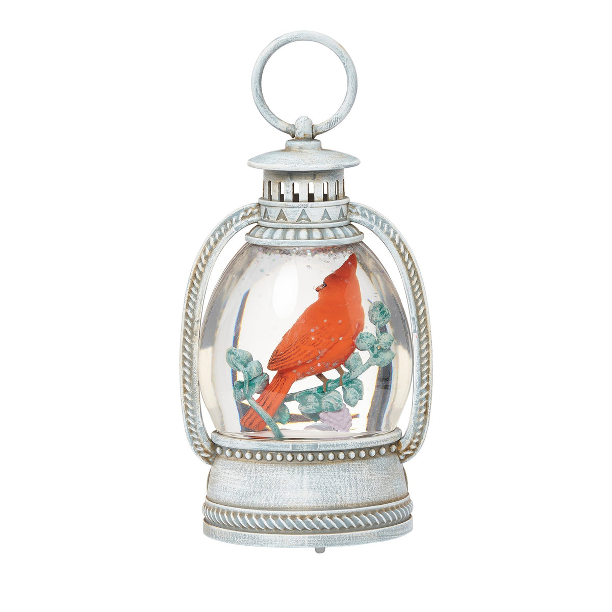 Opposite side view of Lighted Cardinal Memorial Shimmer Lantern showing the red cardinal scene and silver-tone detailing