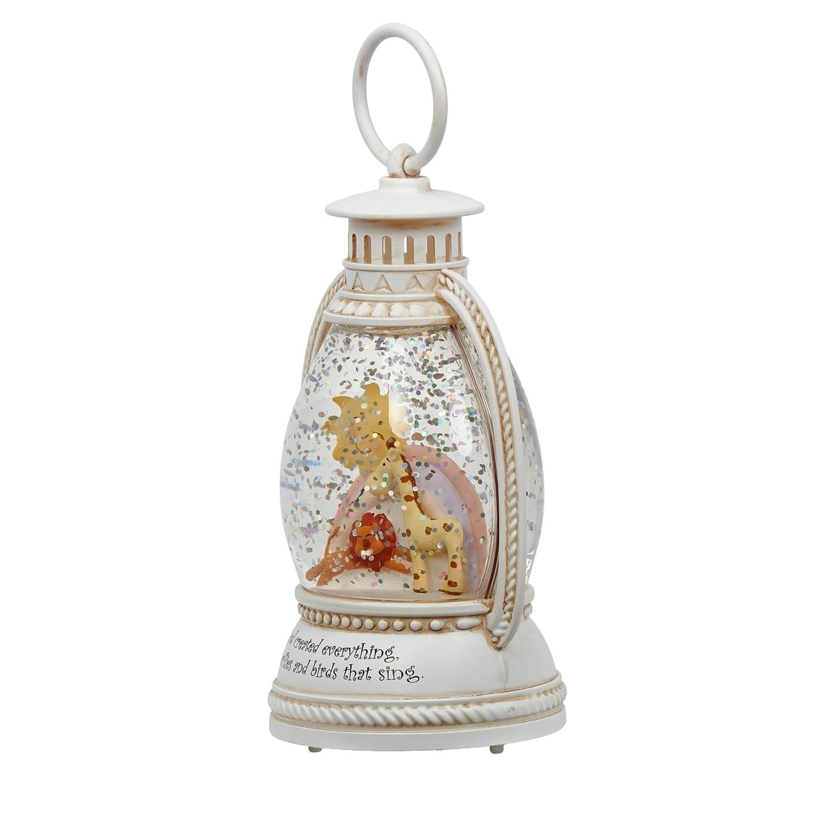 Front view of God Created Everything Lighted Shimmer Lantern showing the animal scene, decorative white frame, and hanging loop