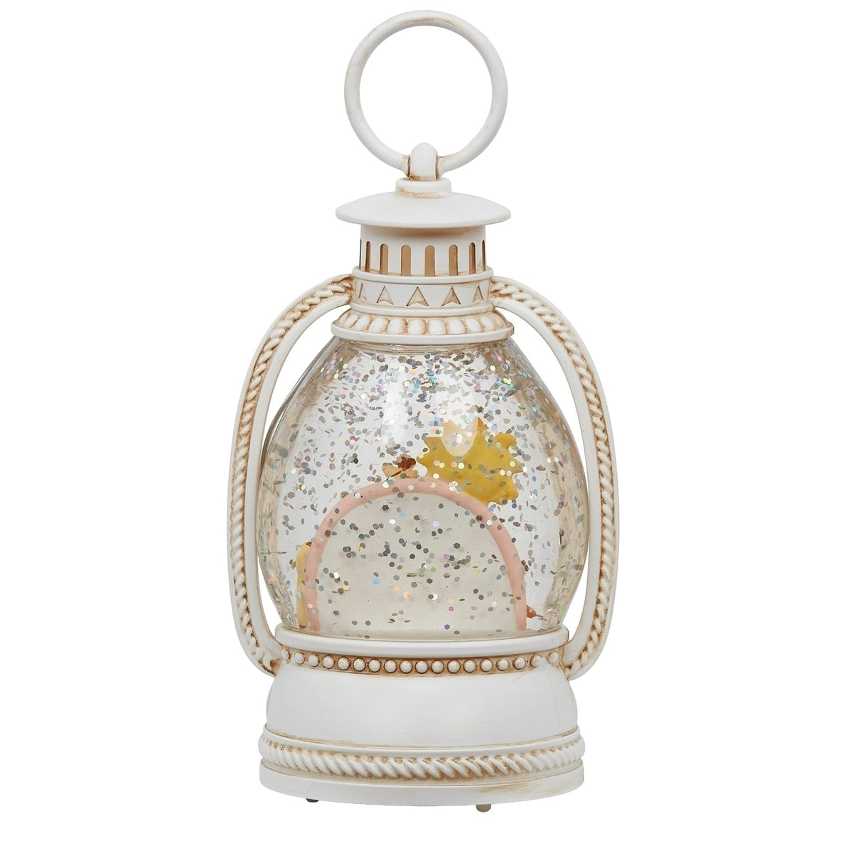 Back view of God Created Everything Lighted Shimmer Lantern showing the decorative frame, enclosed shimmer chamber, and sculpted details