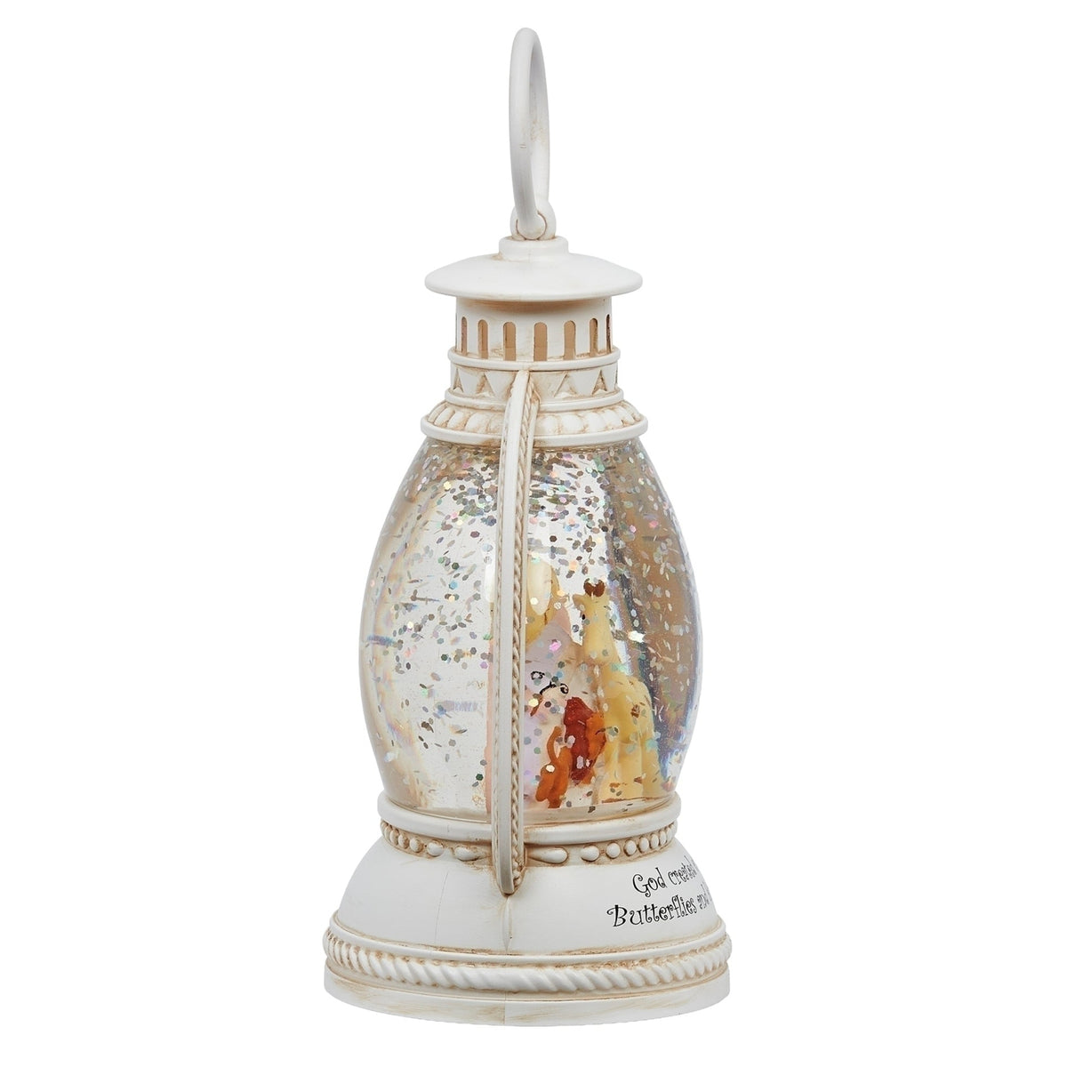 Side view of God Created Everything Lighted Shimmer Lantern showing the slim lantern profile, white frame, and hanging loop
