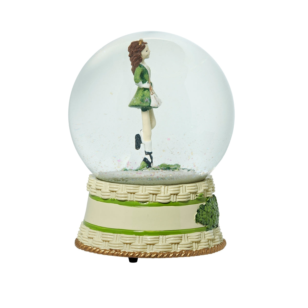 Opposite side view of Glitterdome Irish Dancer showing the dancer, glass dome, and shamrock accents