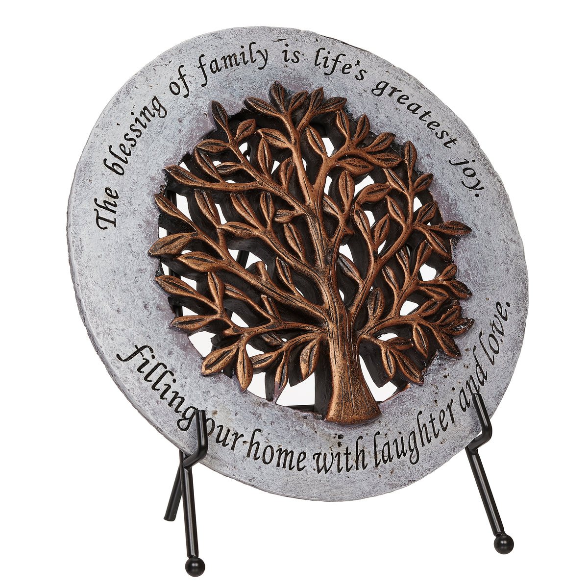 Angled front view of Tree of Life plaque showing its raised branches and inscribed circular border.