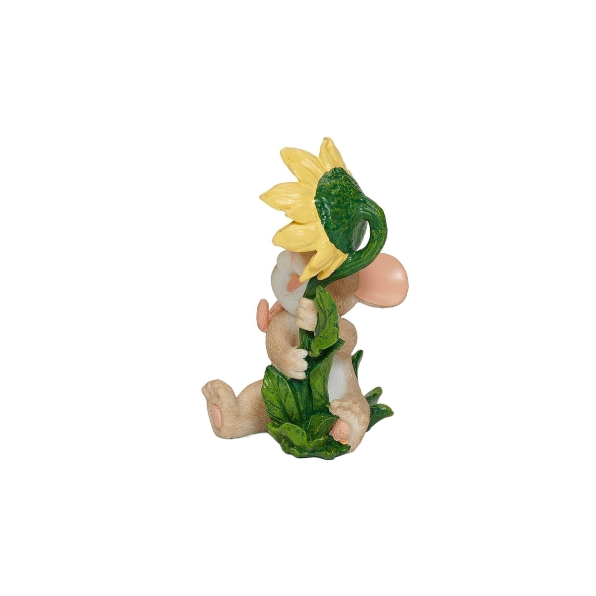 Rear angled view of Charming Tails You Are My Sunshine Figure showing the mouse, sunflower stem, green leaves, and flower head
