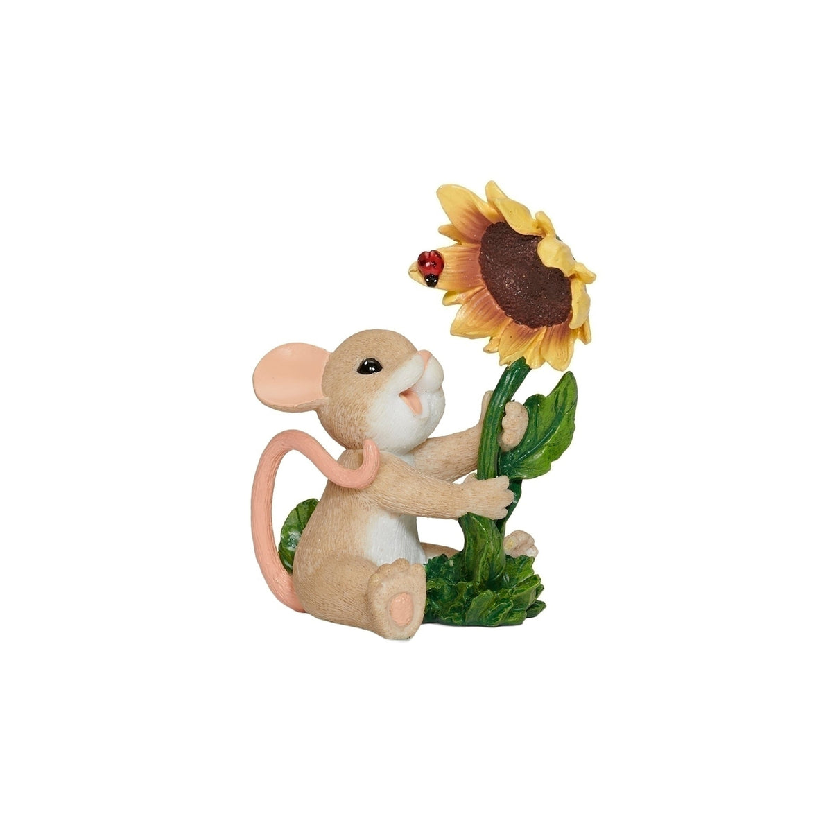 Front angled view of Charming Tails You Are My Sunshine Figure showing the mouse face, sunflower, green leaves, and curled tail