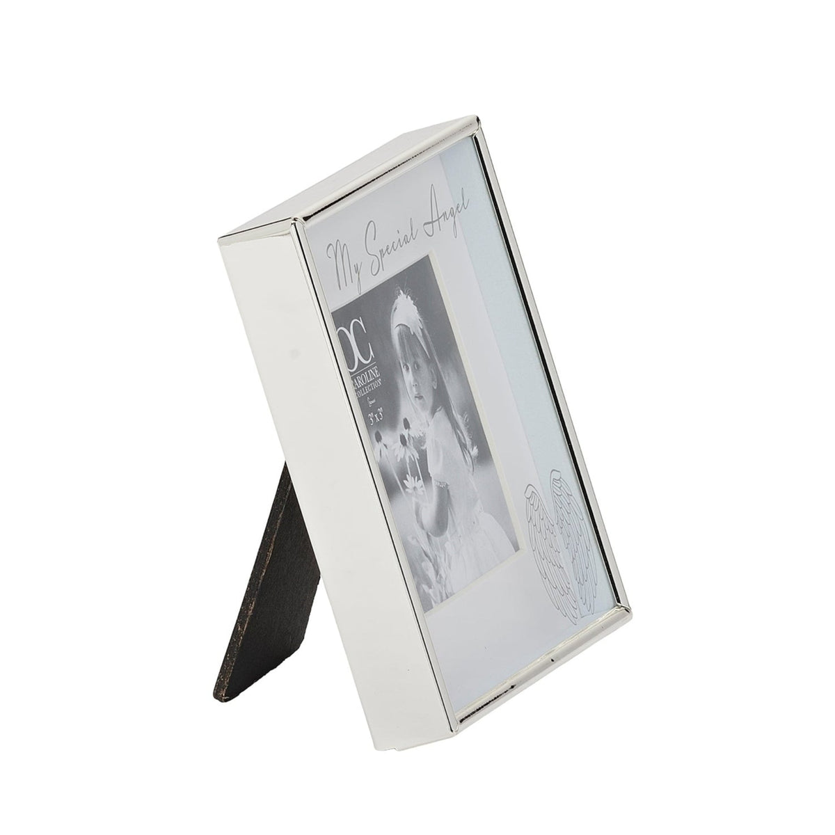 Side view of Caroline Collection My Special Angel Picture Frame showing the slim frame profile and easel stand