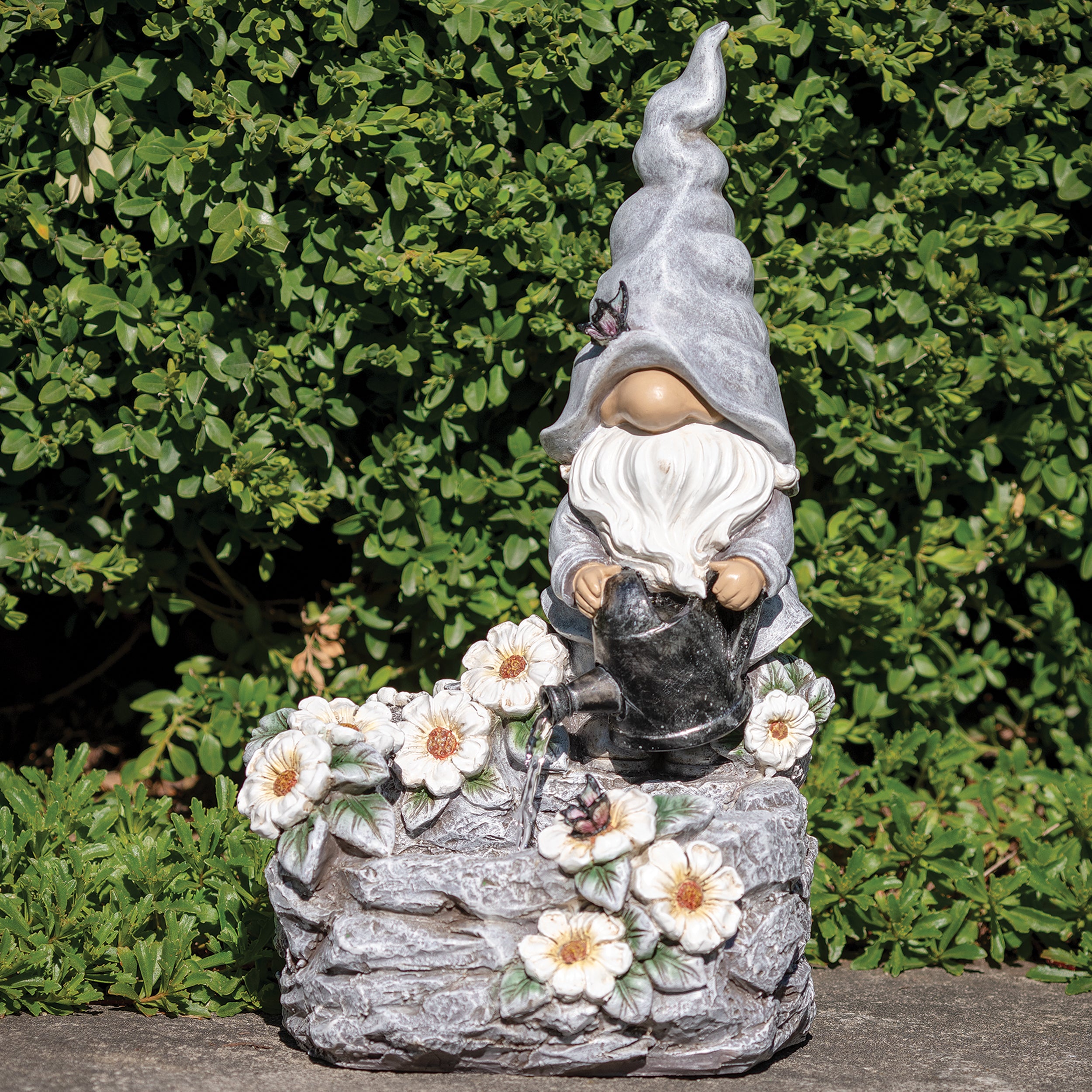 Gnome with Watering Can & Flowers Fountain