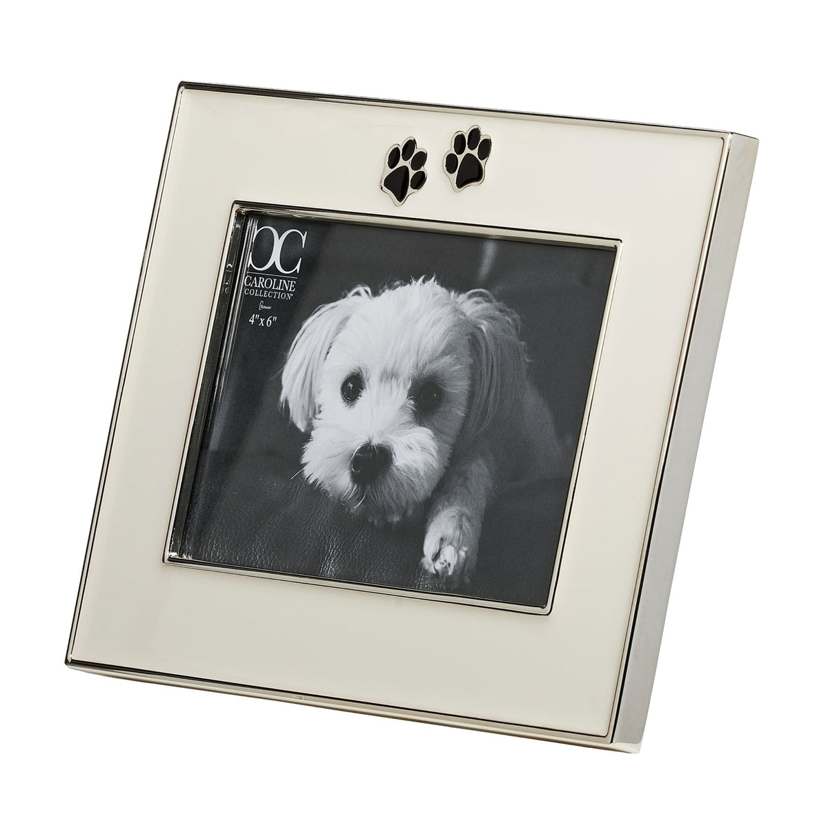 Front angled view of Caroline Collection Paw Print Picture Frame showing the ivory finish, black paw print accents, and tabletop easel stand