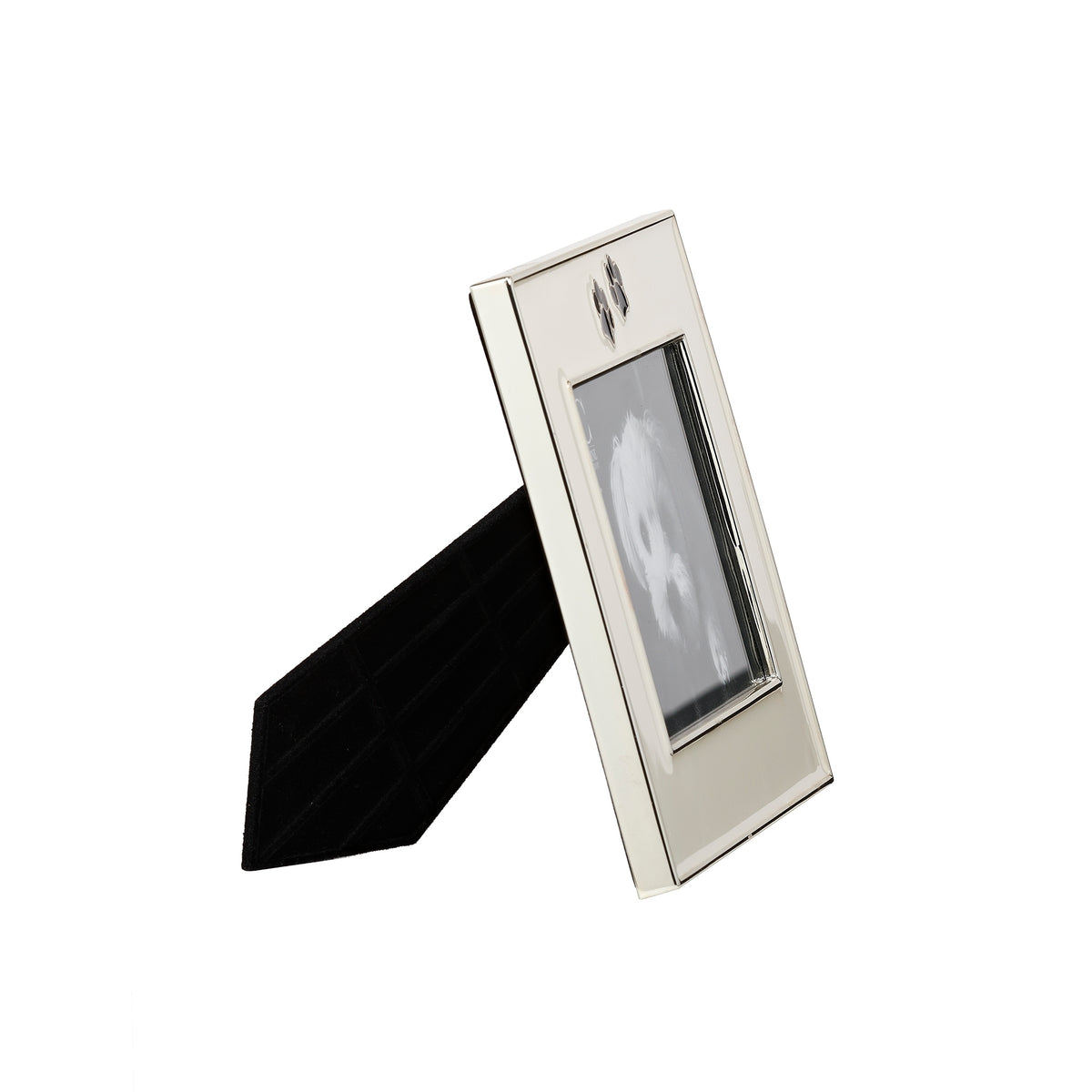 Side view of Caroline Collection Paw Print Picture Frame showing the slim metal frame and black easel stand