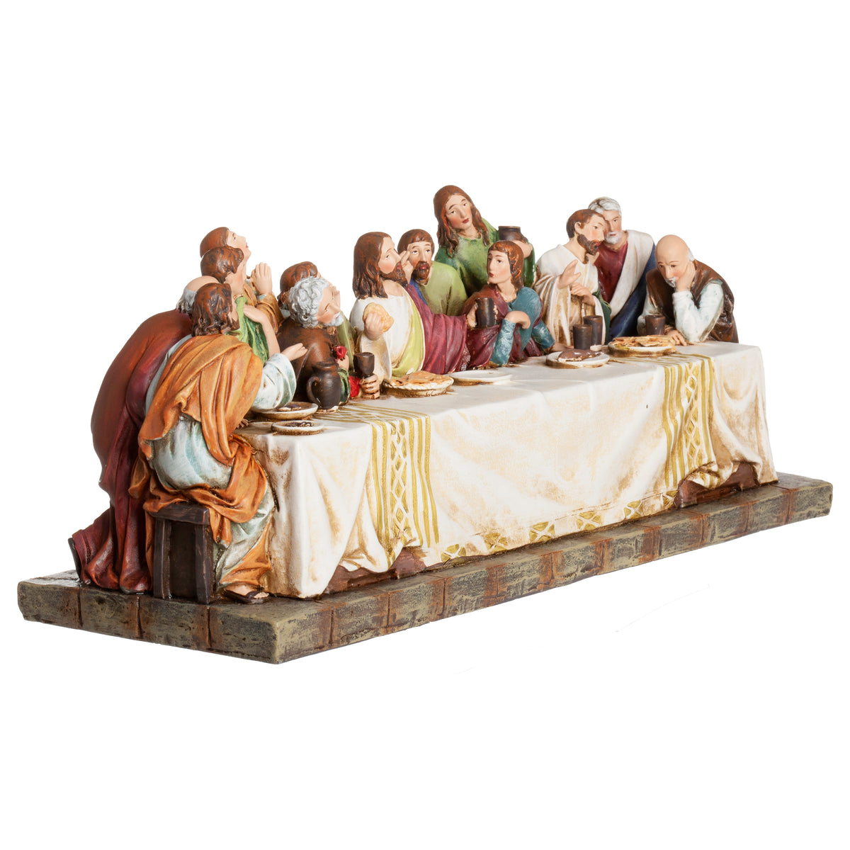 Opposite front angled view of Joseph's Studio Last Supper Tabletop Figure highlighting the sculpted disciples, table setting, and flowing robes