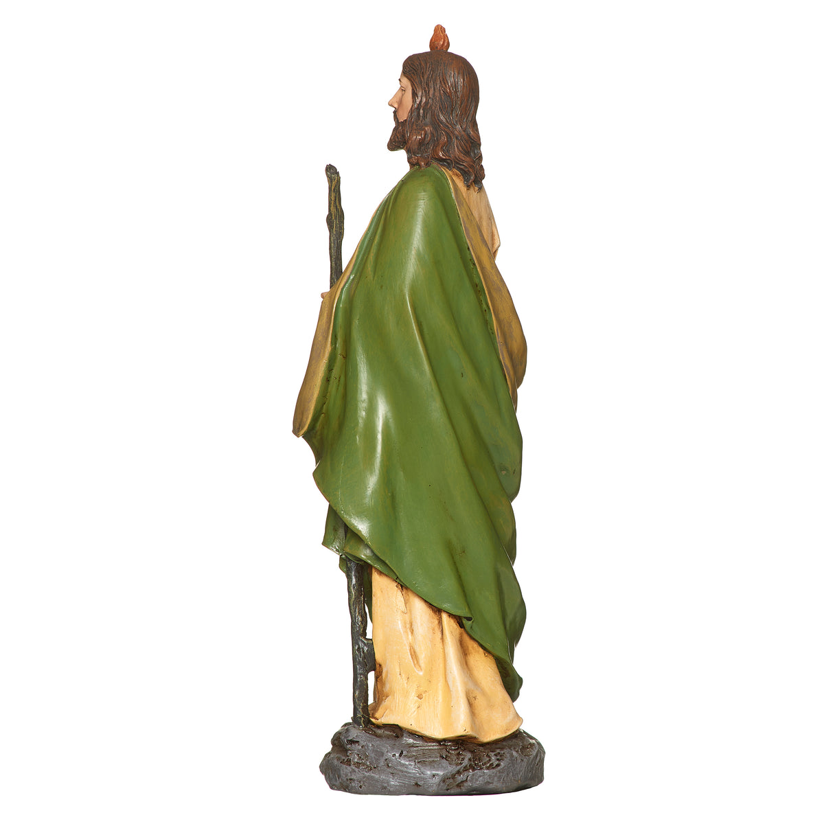 Side view of St. Jude Renaissance Collection Figure showing the flowing green cloak, cream robe, and staff