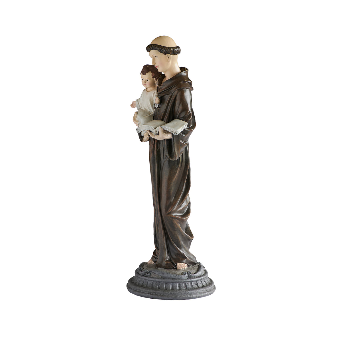 Front angled view of Distressed St. Anthony Figure showing the Christ Child, brown robes, and sculpted pedestal base