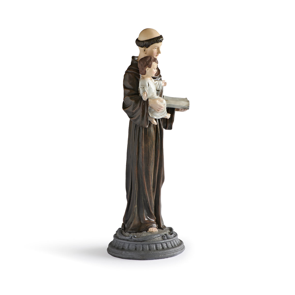Side view of Distressed St. Anthony Figure showing the saint holding the Christ Child and open book