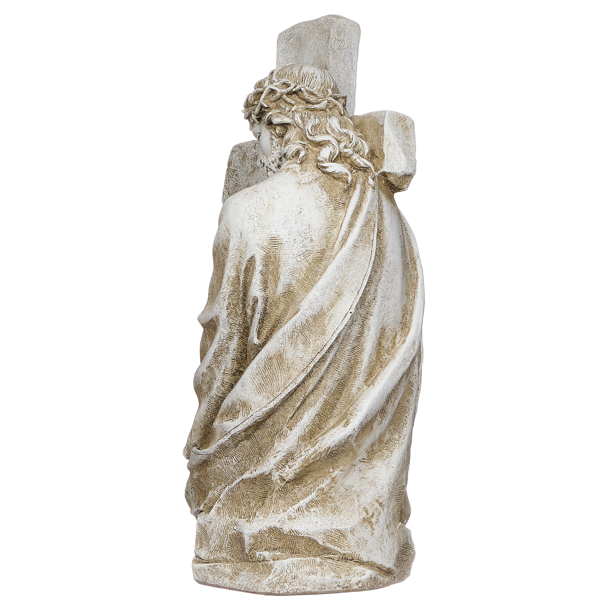 Side view of Joseph's Studio Jesus Holding Cross Garden Statue showing the large cross, flowing robe, and bowed posture