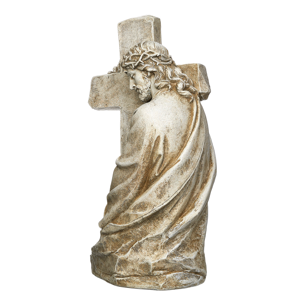 Rear view of Joseph's Studio Jesus Holding Cross Garden Statue showing the back of the cross and layered folds of the robe