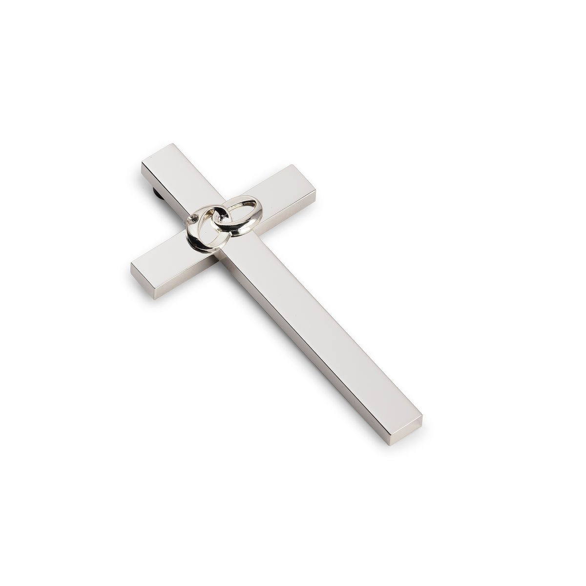 Angled view of wedding rings wall cross showing its slim profile and raised ring detail.