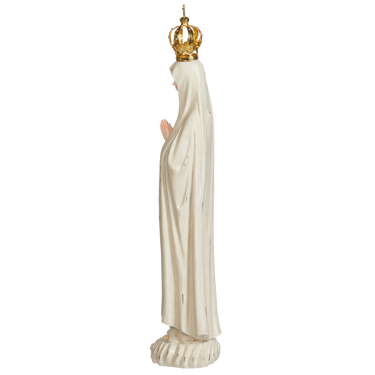 Side view of Distressed Our Lady of Fatima Figure showing the flowing robes, gold crown, and slender sculpted profile