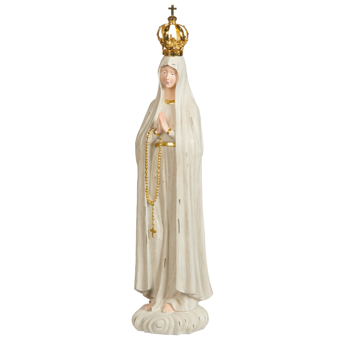 Front view of Distressed Our Lady of Fatima Figure showing Mary in prayer with rosary, ivory robes, and gold crown