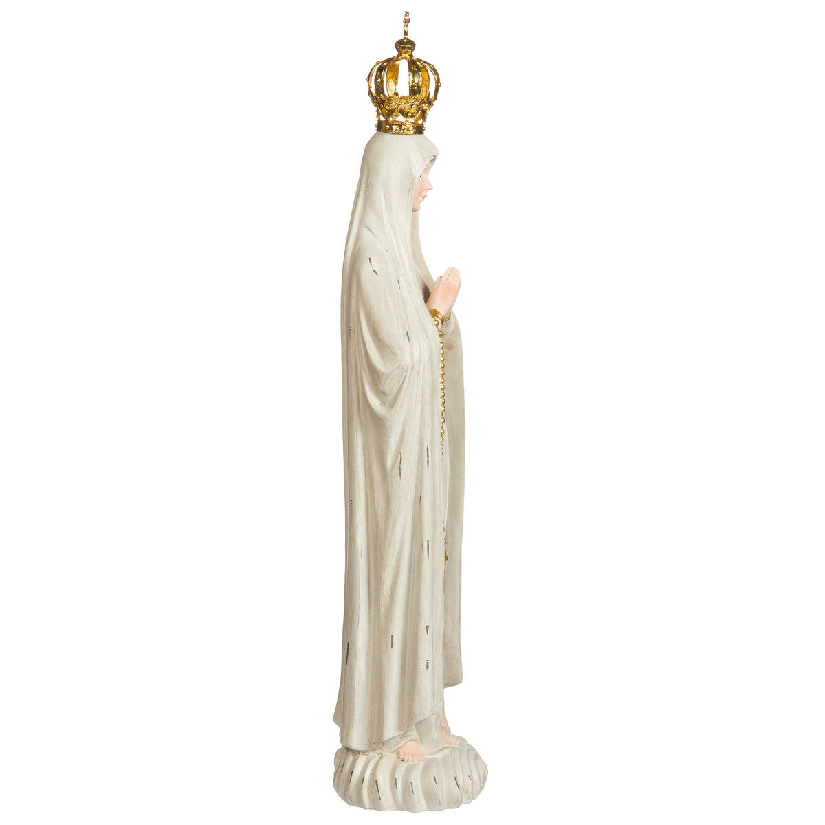Opposite side view of Distressed Our Lady of Fatima Figure showing the draped robes, crown, and antique-style finish