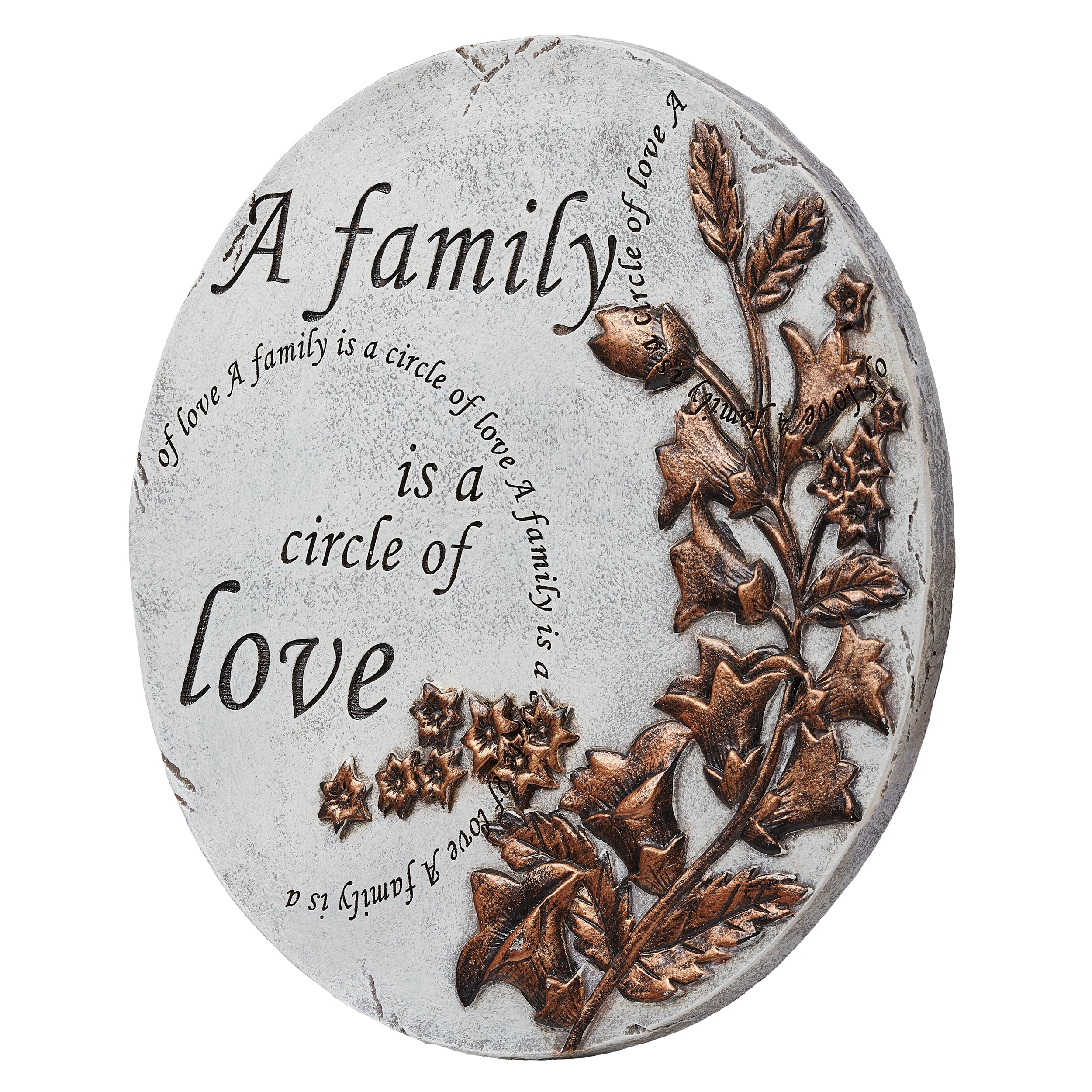 Decorative stone with floral design and text on a white background