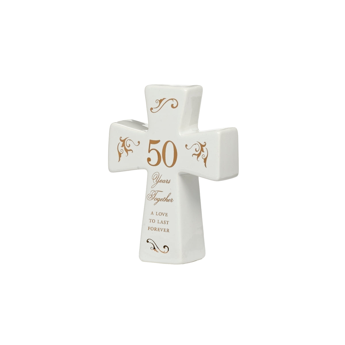 Front view of 50th anniversary tabletop cross showing gold lettering and decorative flourishes.