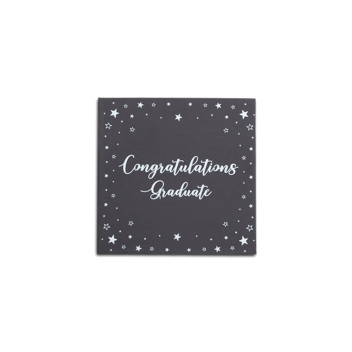 Closed black gift packaging with “Congratulations Graduate” lettering surrounded by small stars.