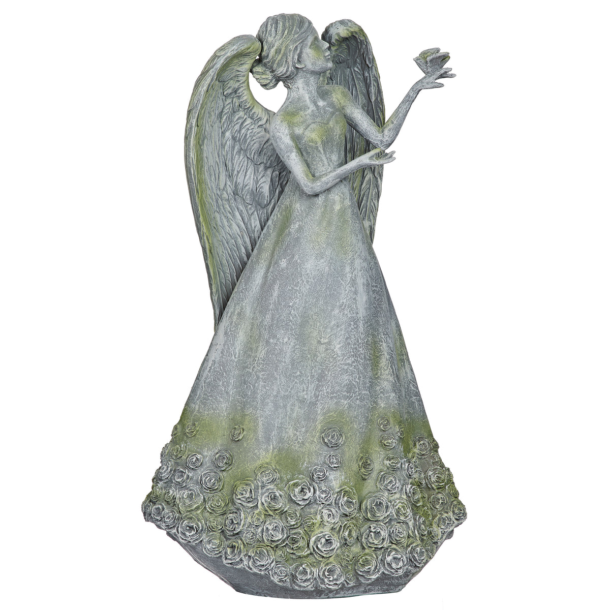 Rear angled view of Angel with Rose Skirt and Dove Garden Statue showing the layered wings and floral details around the gown