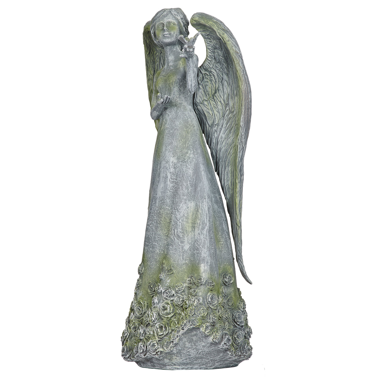 Front angled view of Angel with Rose Skirt and Dove Garden Statue showing the flowing gown, rose details, and dove held in hand