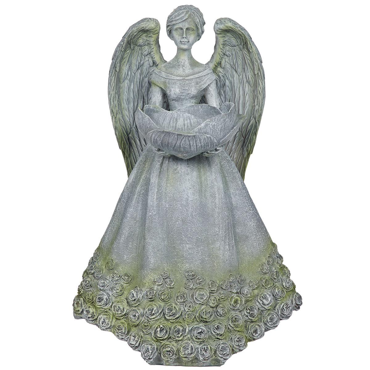 Front view of Angel with Rose Skirt Bird Feeder Statue showing the angel’s wings, birdseed bowl, and floral skirt accents