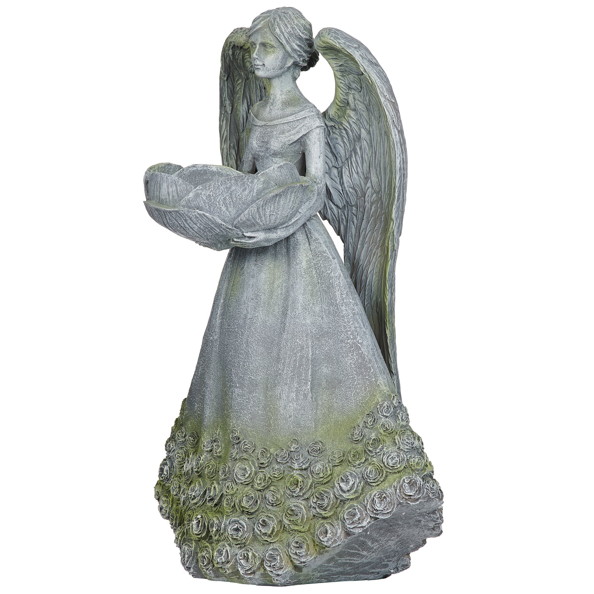 Front angled view of Angel with Rose Skirt Bird Feeder Statue showing the angel holding the feeder bowl with sculpted wings and rose details
