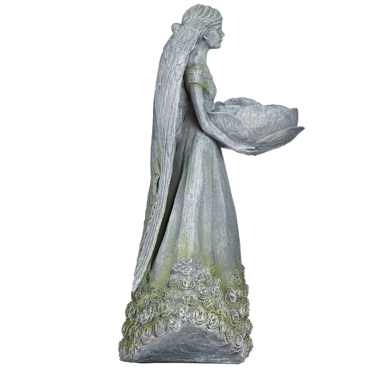 Opposite side view of Angel with Rose Skirt Bird Feeder Statue showing the feeder bowl, flowing gown, and wing details