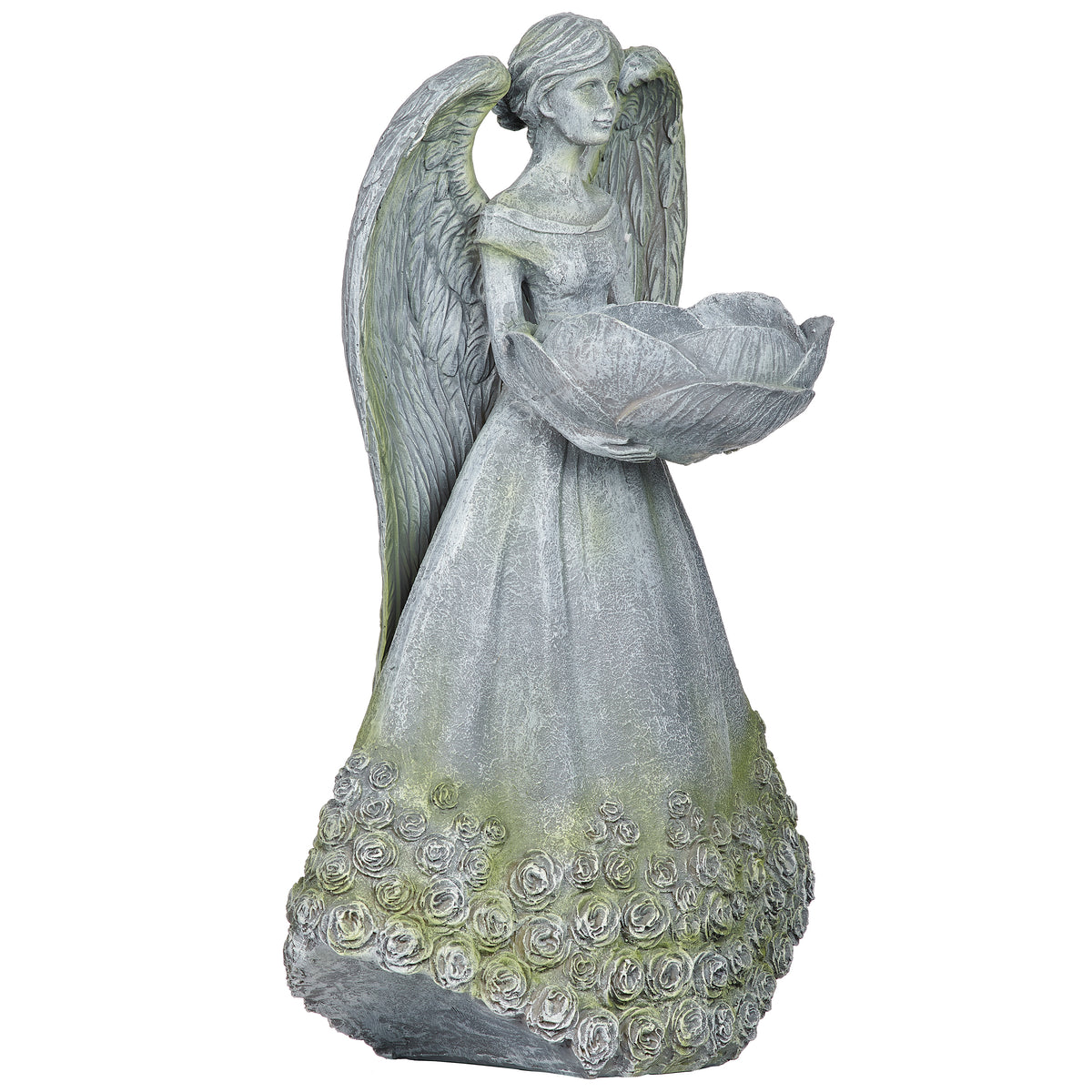 Rear angled view of Angel with Rose Skirt Bird Feeder Statue showing the layered wings and floral detailing around the skirt