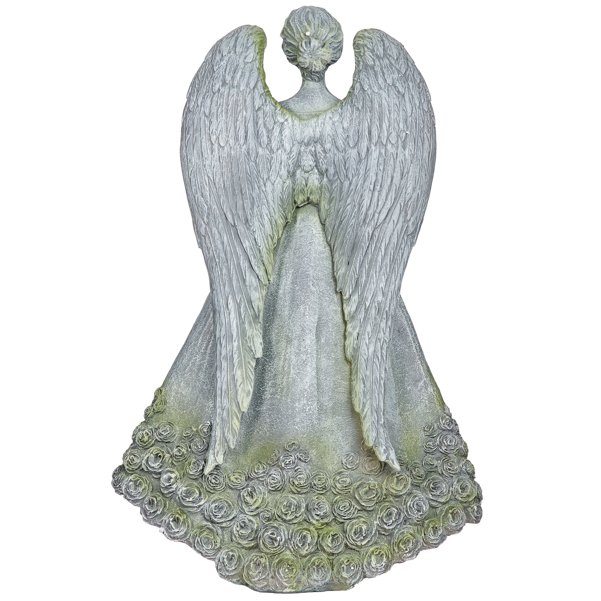 Back view of Angel with Rose Skirt Bird Feeder Statue showing the large sculpted wings and rose-accented skirt
